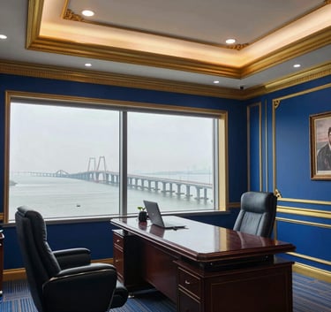 A wide-angle shot of a sophisticated executive office in Mumbai, featuring a view of the Bandra-Worli Sea Link through the window. The interior is decorated with royal blue and gold accents, projecting a formal and luxurious atmosphere.