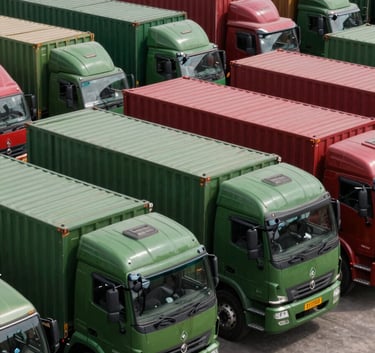 A fleet of clean logistics trucks parked in a well-organized Bangladeshi industrial yard, with Matte Forest Green and Deep Ripe Crimson accents visible on the cargo units.