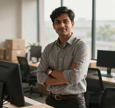 A medium shot of a modern logistics office in a South Asian setting, with warm natural light through large windows, showcasing a professional and approachable atmosphere.