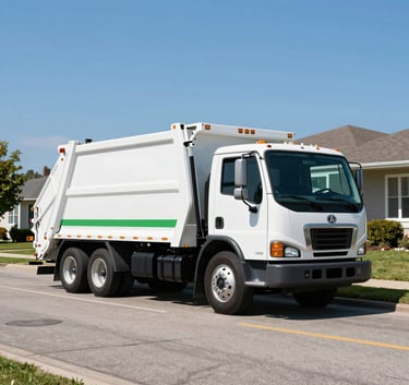 A clean, white junk removal truck with green accents parked on a residential street in a North American suburb. The sky is bright blue and the truck looks modern and well-maintained. Wide shot, crisp focus.