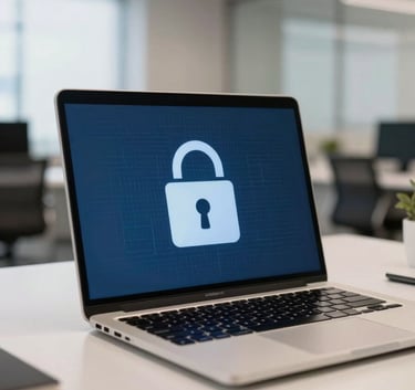 A sleek digital workplace in a South American / Brazilian corporate building, showing a laptop screen with a secure encryption symbol, lighting in air force blue and soft off-white tones, professional atmosphere.