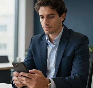 A professional South American / Brazilian business person in a modern light off-white office setting, holding a mobile device and looking confident, soft natural lighting with dark navy blue accents in the background, high-end photography.
