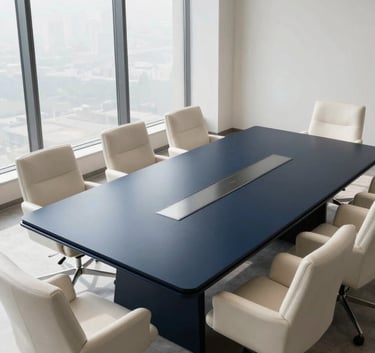 A high-angle, wide photograph of a sleek, minimalist executive boardroom in Lahore. The room features a polished dark navy blue table and soft off-white leather chairs, with natural light pouring through floor-to-ceiling windows.