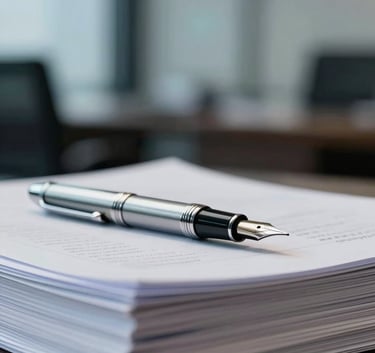 A professional close-up photograph of a silver fountain pen resting on a stack of thick, textured white corporate documents. The background is a soft-focus office interior in steel blue and muted blue-grey tones.