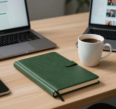 Photography of a modern office desk in a North American studio with a matte forest green notebook, a laptop displaying social media analytics, and a cup of coffee in a crisp parchment mug.