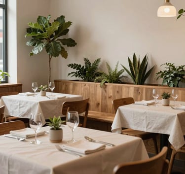 Photography of a cozy, Scandinavian-inspired North American restaurant interior with warm wooden tables, crisp parchment table linens, and minimalist forest green plants.