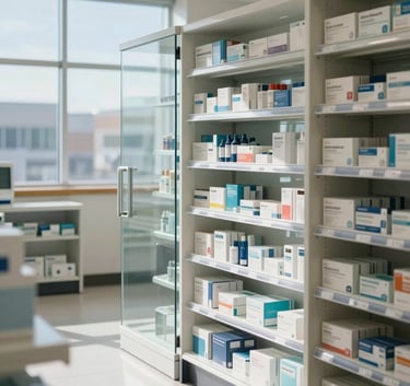 A bright, professional North American pharmacy setting with clean glass partitions and organized shelving, natural sunlight streaming in, incorporating midnight navy and soft sky blue tones.