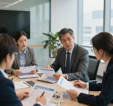 A modern, bright conference room in a US corporate building where a professional team is reviewing pharmacy benefit data, emphasizing transparency and efficiency.