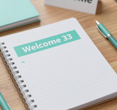 A top-down view of a wooden table with school supplies, a planner, and a 'Welcome' card. The lighting is bright and airy, reflecting an organized and professional PTA environment, utilizing a palette of #A2D9CE and #F0F8FF.