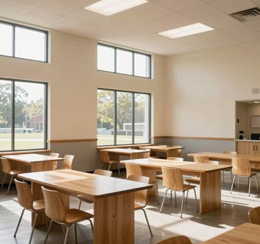 A clean, modern community center interior in the US with large windows, light wood furniture, and cream-colored walls, bathed in natural light.