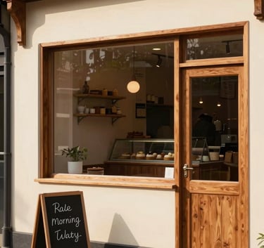 The exterior of a cozy bakery branch with cream walls and cinnamon-colored wooden window frames, a small chalkboard sign outside, soft morning sun.