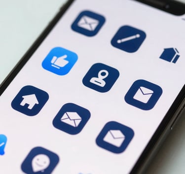 Macro shot of a high-resolution smartphone screen showing elegant, minimalist app icons in #2F4858 against a clean #E0F2F7 background, soft professional lighting.