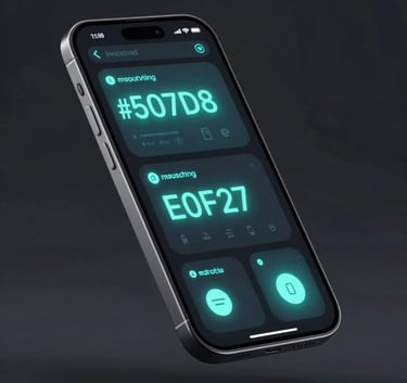 Modern smartphone mockup floating in a dark studio atmosphere, screen displaying a sophisticated dashboard with glowing #507D8C and #E0F2F7 elements, futuristic lighting.