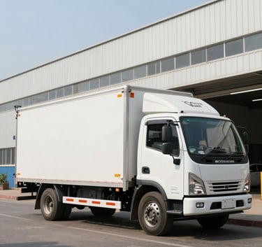A professional South Asian logistics scene featuring a modern white transport truck parked near a clean industrial building in Delhi under clear daylight.
