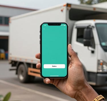 A person in South Asian attire using a smartphone app with a teal interface to book a truck, with a blurred logistics warehouse in the background.