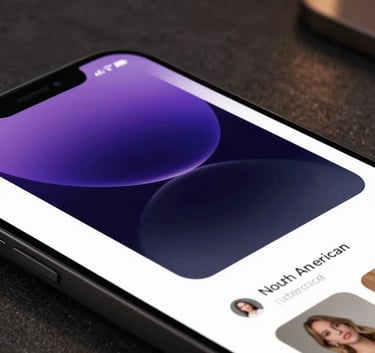 An abstract close-up of a high-resolution smartphone screen showing an elegant web interface with purple accents in a dimly lit, modern room. North American / International.