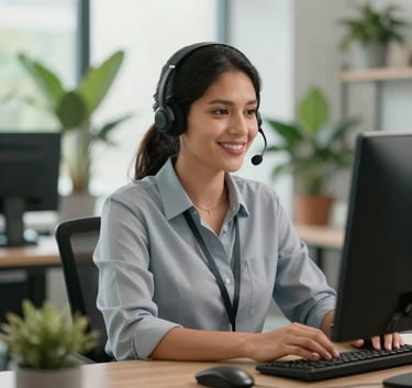 A smiling South American professional wearing a headset, working in a bright and airy office with many green plants, conveying trust and efficient tele-service.