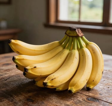 High-quality photography of a large bunch of ripe yellow bananas on a rustic wooden table, soft natural morning light coming through a window in a South American home.
