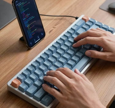 A person's hands typing on a mechanical keyboard with an Android smartphone resting beside it on a wooden desk. The screen shows lines of code. Professional, innovative mood. Global / International workspace. Colors feature light blue and dark blue.