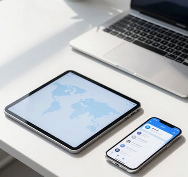 Professional photography of a sleek, modern workstation in a bright office. A tablet and a smartphone showing a clean app interface are on the desk. Global / International setting with soft sunlight. Colors emphasize white, light blue, and dark blue accents.