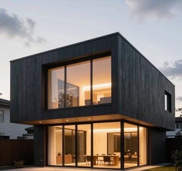 A sophisticated architectural photograph of a minimalist modern house at dusk. The exterior features Deep Charcoal cladding and large glass windows. Warm light glows from inside, set against a Pale Cloud White evening sky.