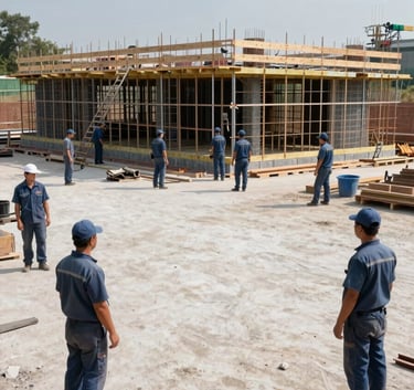 A wide-angle professional photograph of a house foundation under construction. The site is impeccably clean, with workers in Muted Steel Blue uniforms. The lighting is bright and clear, emphasizing professionalism and reliability.