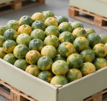 A clean, modern industrial setting showing a pallet of perfectly sorted Egyptian citrus fruit ready for export, using a sage green and soft cream color palette to highlight the professionalism of the logistics chain.