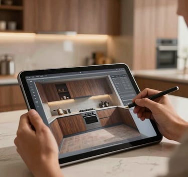 A designer's hand using a digital tablet to showcase a sophisticated 3D kitchen render, modern studio background, warm brown and beige tones, Hispanic / Latin American professional environment.