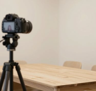 A cozy, Scandinavian-style agency meeting room with light wood furniture and Crisp Parchment (#F8F2EA) walls. A camera on a tripod is being set up to shoot professional content, capturing the down-to-earth agency vibe.