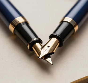 Close-up professional photography of a high-quality fountain pen resting on a piece of premium parchment paper. The background is softly blurred, showing a hint of a deep navy blue suit sleeve. The lighting highlights the metallic burnished gold nib of the pen.