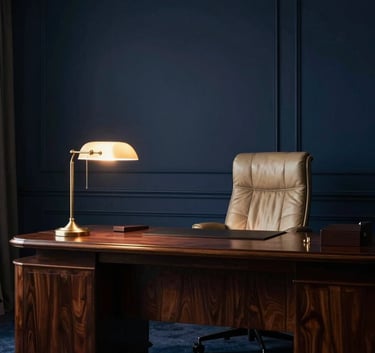 A sophisticated, wide-angle shot of a high-end legal office interior. The scene features a polished dark wood desk and a leather armchair. Lighting is moody and dramatic with warm glows from a desk lamp in burnished gold. The color palette is dominated by deep navy blue shadows and champagne gold highlights.