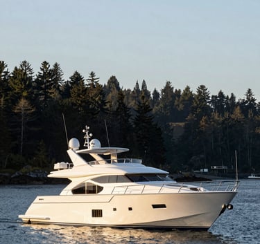 A luxury motor yacht anchored near Friday Harbor, Washington, with the lush coastline in the background, North American setting, morning golden hour light, crisp and sophisticated.