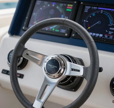 Detailed shot of a sleek yacht steering wheel and high-tech navigation console, modern blue and silver tones, professional marine photography, North American luxury style.