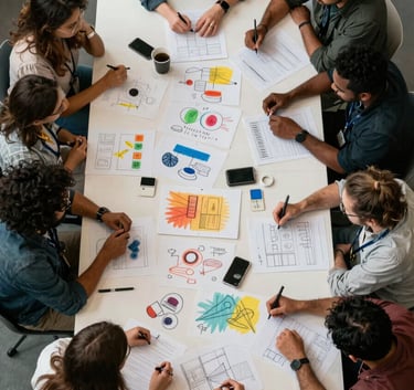 An aerial view of a professional creative problem-solving workshop with people collaborating around a table covered in colorful sketches and prototypes. North American / International.
