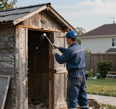 A professional worker in a Muted Blue uniform safely performing light demolition on an old wooden shed. The background is a tidy residential backyard under a Soft Sky Blue sky.
