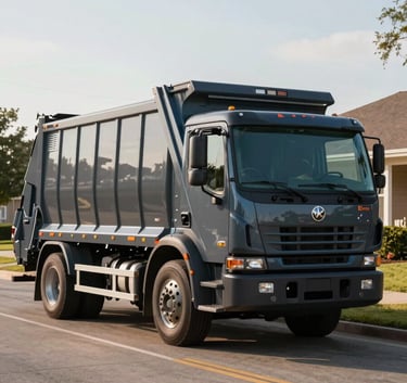 A professional junk removal truck in Oklahoma City, painted in Dark Charcoal and Muted Blue, parked on a clean suburban street. The morning light is bright and professional, highlighting the streamlined and efficient nature of the service.