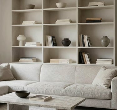 A serene and organized living room with clear surfaces, open shelving, and a palette of soft off-white and cool stone grey, evoking a sense of calm efficiency.