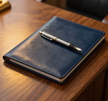 A close-up of a professional mahogany desk in a South American law office, featuring a silver fountain pen and a high-quality leather document folder. Sharp focus, golden yellow and dark navy blue lighting accents.