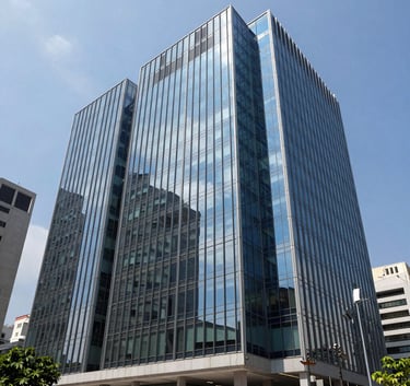 The modern glass facade of a prestigious legal firm headquarters in a bustling South American financial district. Professional architectural photography, bright daylight, reflections of alice blue sky.