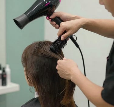 Professional hairdresser expertly styling hair with a dryer and brush. The scene conveys high-quality service and attention to detail. Soft lighting with brand colors #B4C4C3 and #607D7D integrated into the background.