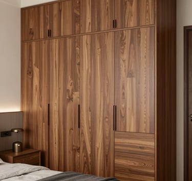 A high-quality 3D architectural rendering of a master bedroom for a Bangalore 3BHK flat, showing customized wardrobes and elegant wood finishes. Professional and clean aesthetic.