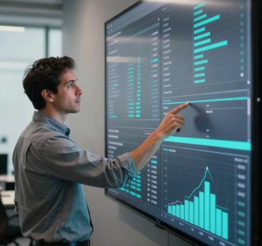 A South American / Brazilian professional analyst pointing at a large digital screen displaying data dashboards. The environment is a high-tech office with professional lighting in Charcoal Grey and Bright Cyan.