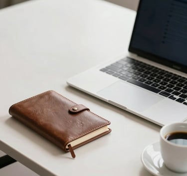 A close-up photograph of a clean, modern desk in a South American / Brazilian corporate setting. A sleek laptop, a leather notebook, and a coffee cup sit on the desk. The lighting is bright and professional with Soft Off-white and Dark Navy tones.