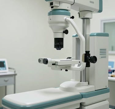 A sleek, minimal photograph of advanced medical diagnostic equipment in a bright hospital room, featuring muted teal and off-white surfaces.