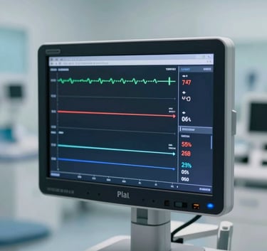 A high-end, modern medical monitor displaying vital signs, set against a blurred clinic background with a clean and professional dark navy and soft blue color palette.