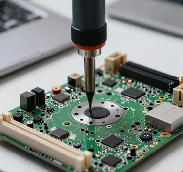 A macro photograph of a complex laptop motherboard with professional soldering equipment in focus, set in a clean, efficient technical environment.