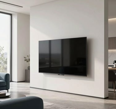 Photography of a sleek, modern television mounted on a clean Off-White wall in a luxurious Middle Eastern / Gulf living room. Natural light coming through large windows, minimalist Slate Blue furniture accents.