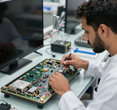 Professional photography of a Middle Eastern technician working on an open LED television panel in a brightly lit Dubai service center. The atmosphere is professional and clean, using precision tools.