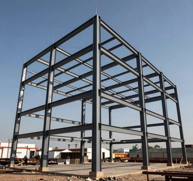 Professional wide shot of a structural steel framework being assembled for a corporate building in Mexico. Sunlight filters through the beams, creating technical shadows. High-end architectural photography, blue sky background.