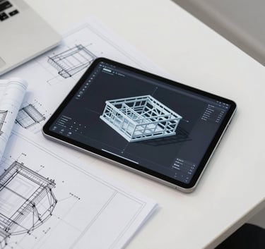 Clean overhead shot of structural blueprints and a high-precision digital tablet showing a 3D structural model. Minimalist white office environment in Mexico, professional and technical atmosphere.